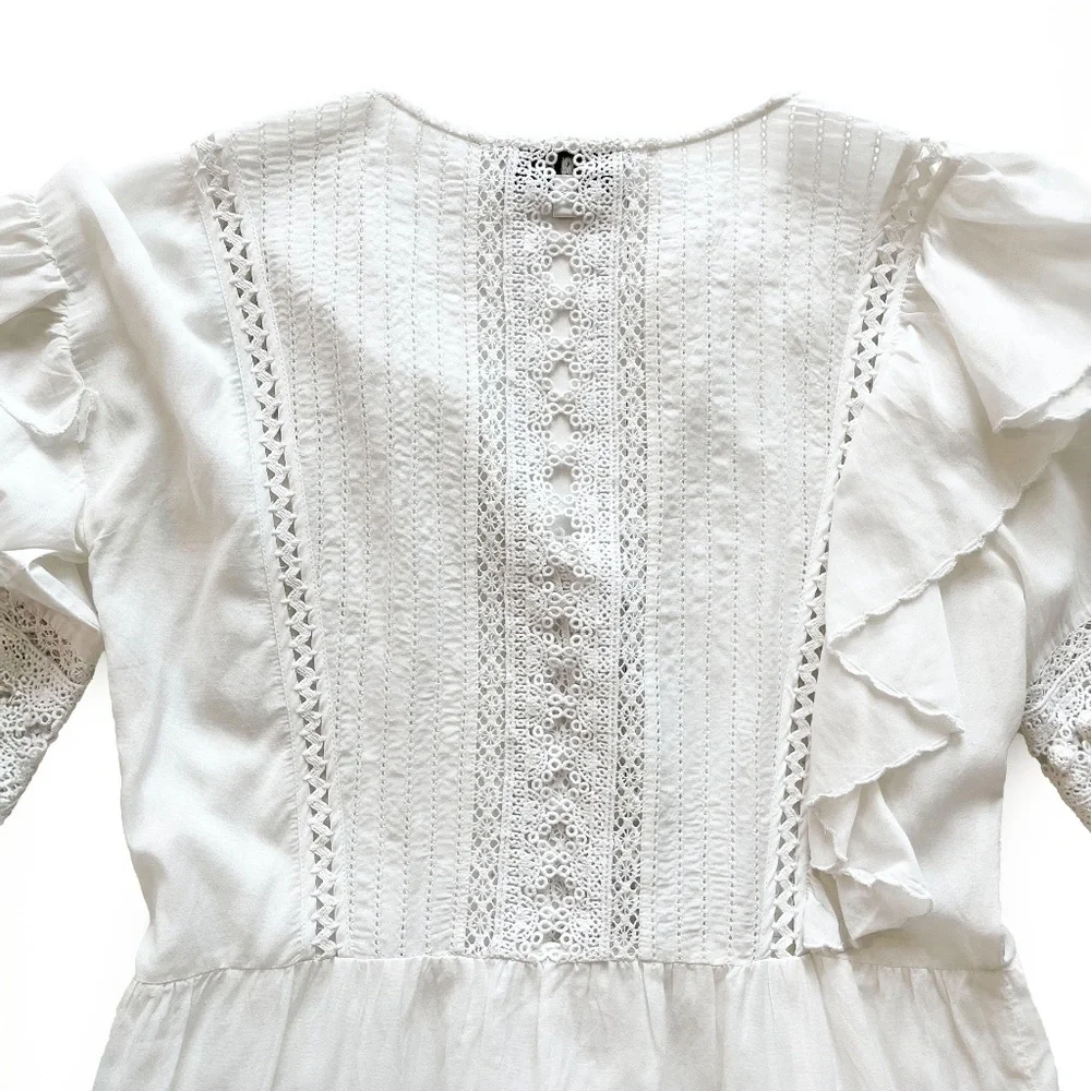 Sea New York Tie Neck Mini Dress White Size 4 Ruffle, Pom-Pom & Tassel Accents - Picture 6 of 14